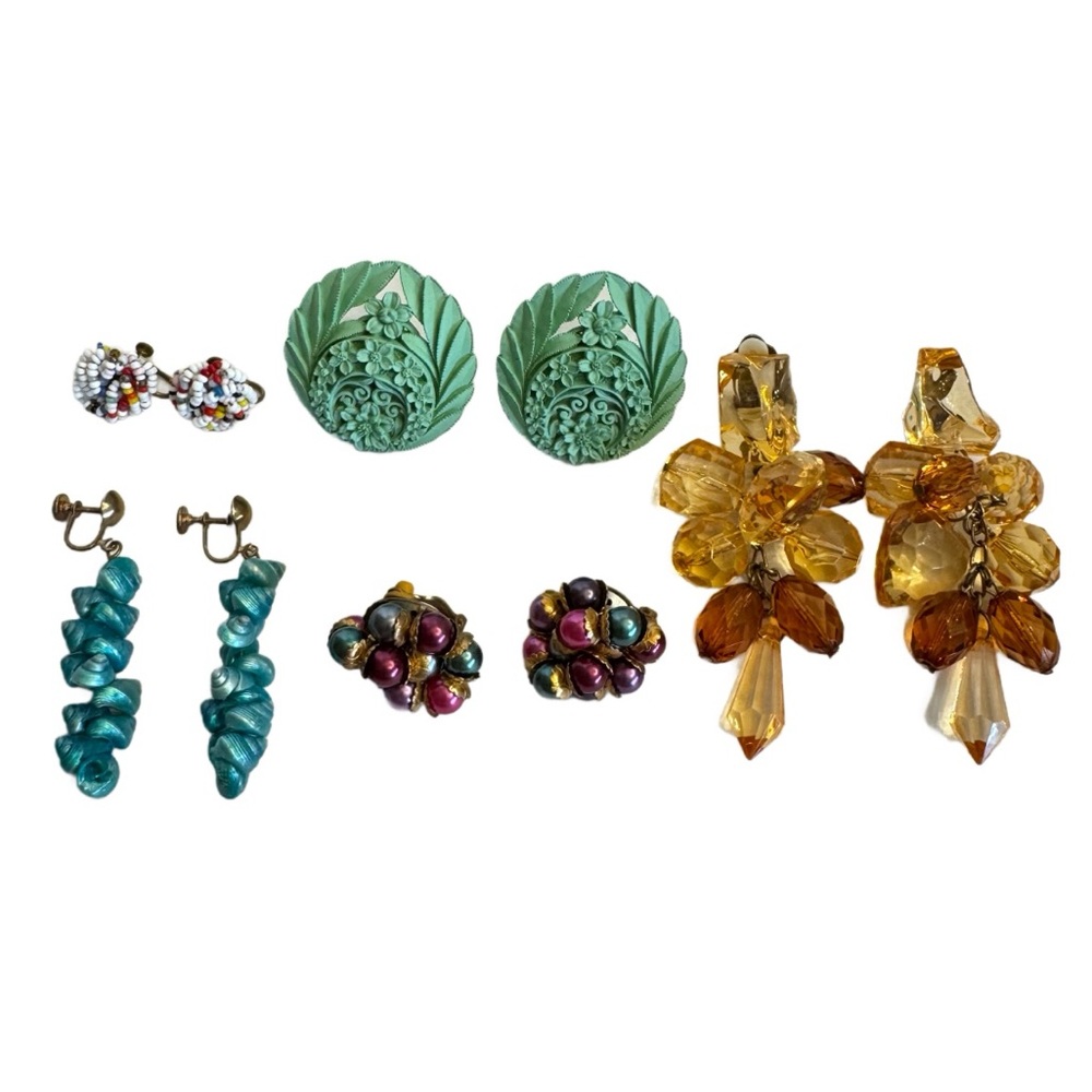 Vintage Lot of 5 Pair Beaded Multi Color Cluster Clip On Earrings Retro Bundle